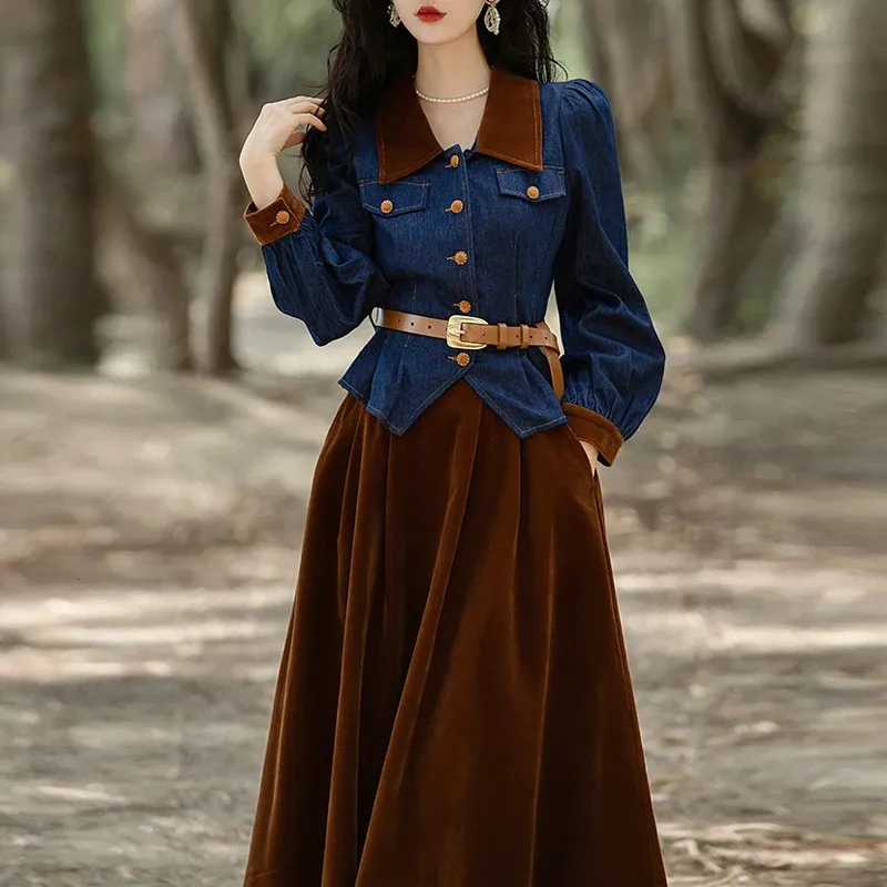 TwoPiece Matching Sets for Women Velvet Skirt and Denim Coats Cropped Top Suit Casual Outfits Fall 240202