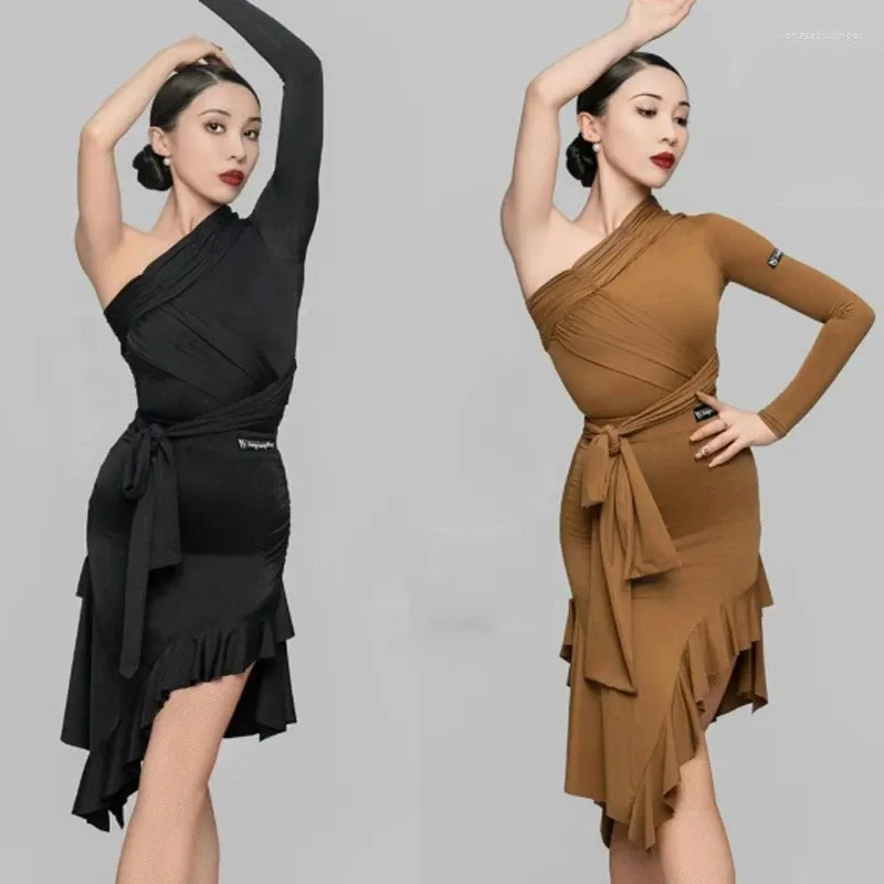 Stage Wear Latin Dance Clothes Women Slant Shoulder Tops Irregular Skirt Club Adult Rumba Samba Performance Black Dress DNV19426