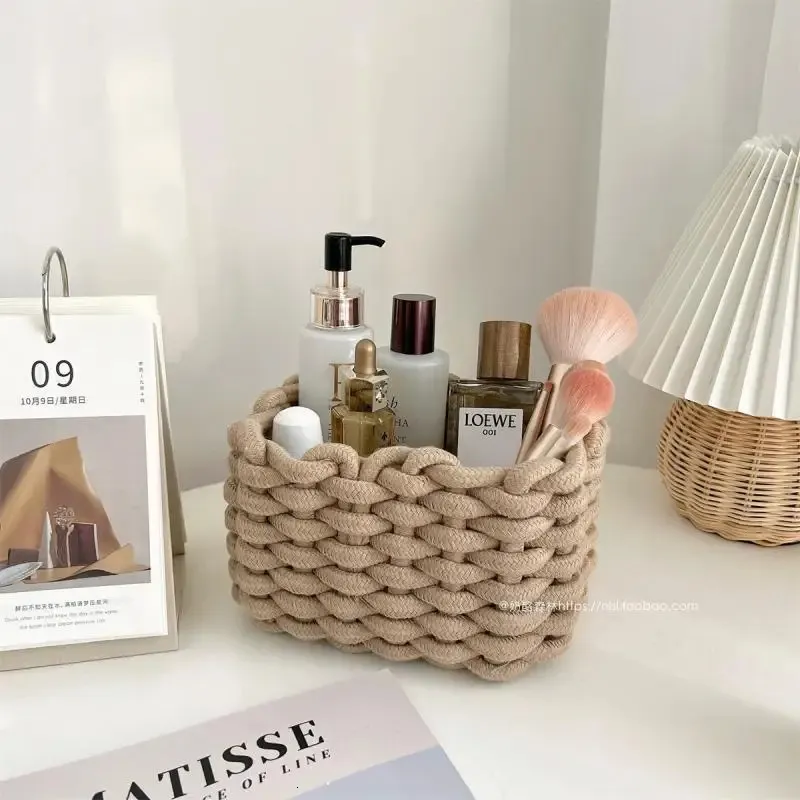 Cotton Rope Woven Storage Basket Handmade Organizer Basket For Home Decor Picnic Makeup Brush Desktop Sundries Organizer 240131