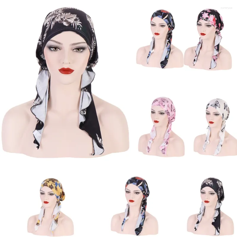 Vêtements ethniques Femmes musulmanes Imprimer Foulard pré-attaché Élastique Femme Turban Cancer Chemo Chapeau Couverture de perte de cheveux Head Wrap Headwear Stretch