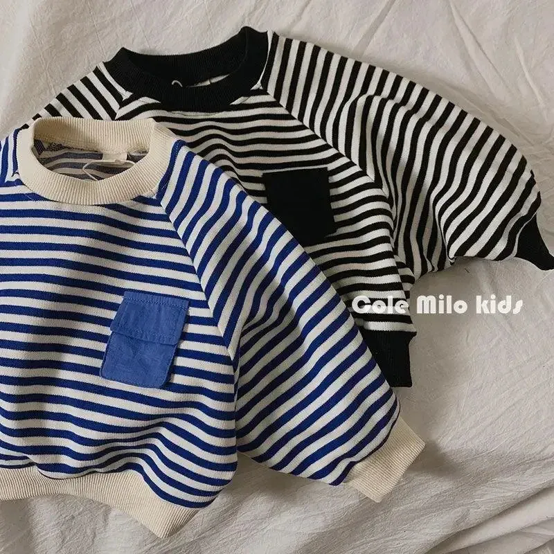 Spring Autumn Stripe Long Sleeves Sweatshirt Kids Boys' Loose Bat Sleeves Tops Girls' Baby Boy Clothes 240119