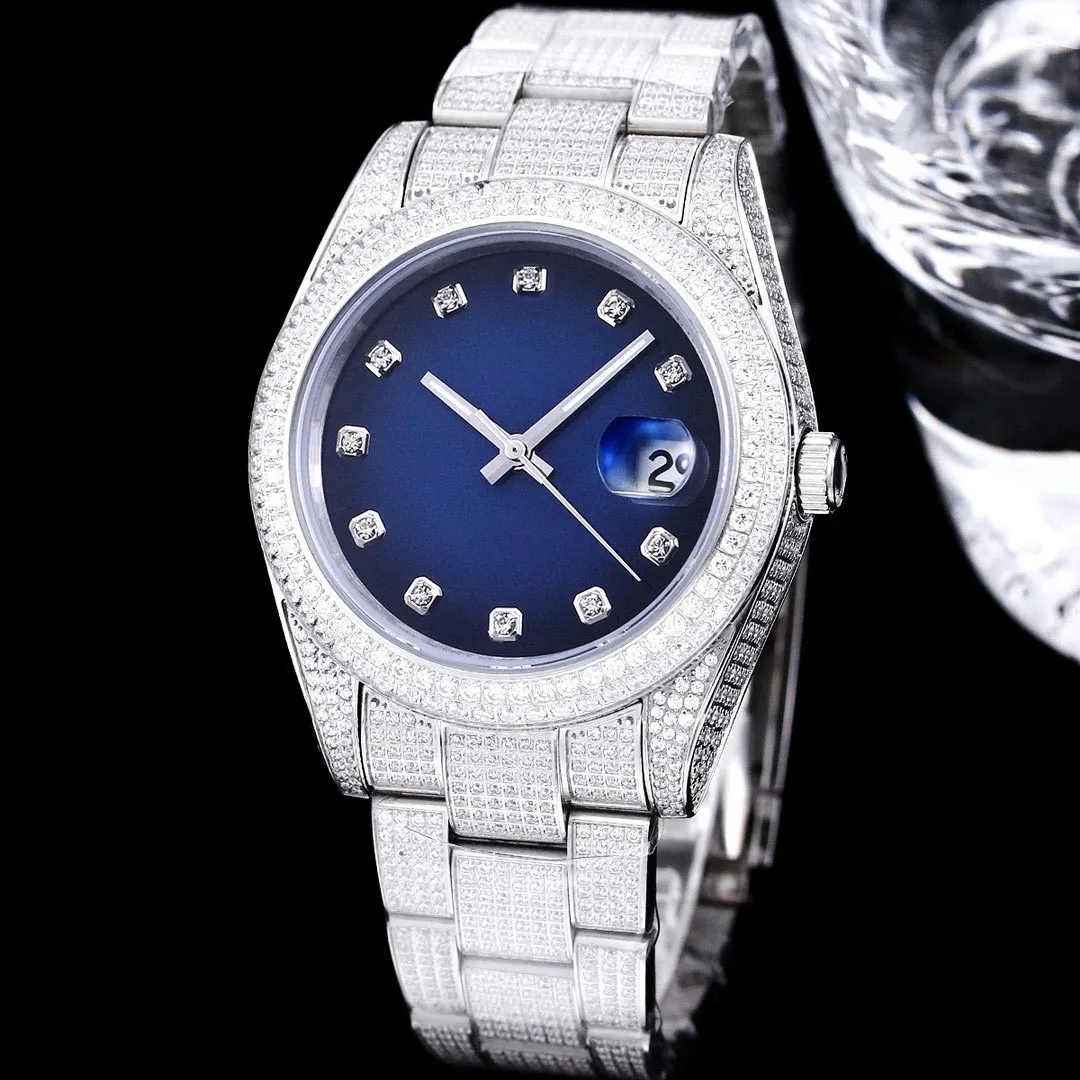 다이아몬드 남성 시계 41mm 자동 기계식 시계 다이아몬드 베젤 방수 사파이어 빛나는 손목 시계 강철 팔찌 Montre de Luxe