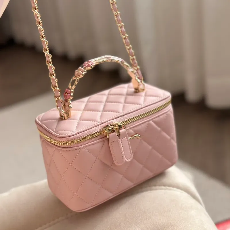 Flower Handle Women Makeup Bag 16CM Mini Zipper Coin Purse With Mirror Luxury Handbag Leather Diamond Lattice Chain Street Casual Bag Card Holder Suitcase Fanny Pack