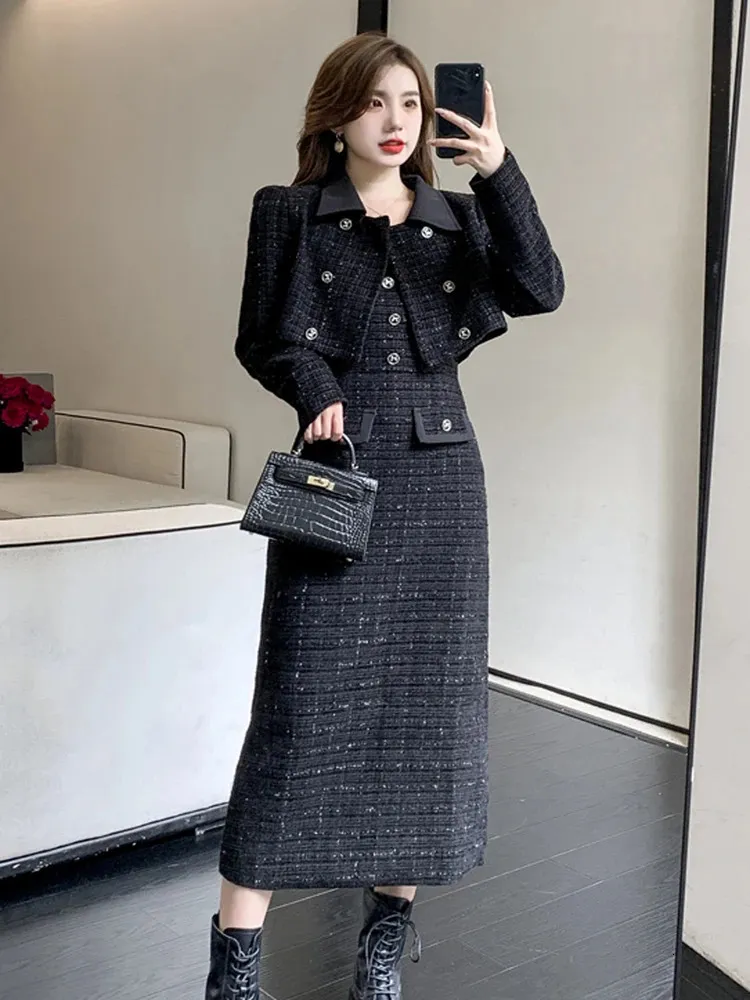 Lüks Tweed İki Parçalı Set Kadın Kıyafetleri Kadın Vintage Kavur Kısa Ceket Coatspagetti Kayışları Elbise Takım Sonbahar Kış Yün S 240129