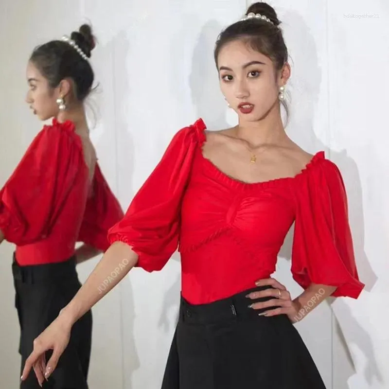 Modèles de vêtements de scène Vêtements de danse latine Hauts de salle de bal Femmes Manches courtes Justaucorps Vêtements de pratique Rumba pour adultes