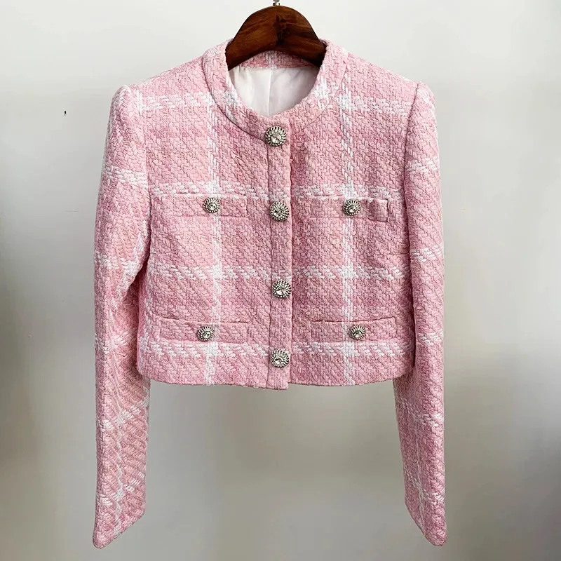 HIGH STREET est Diseñador Abrigo corto Mujer Dulce Diamantes Botones Mezclas de lana Colores tejidos Chaqueta de tweed a cuadros 240124