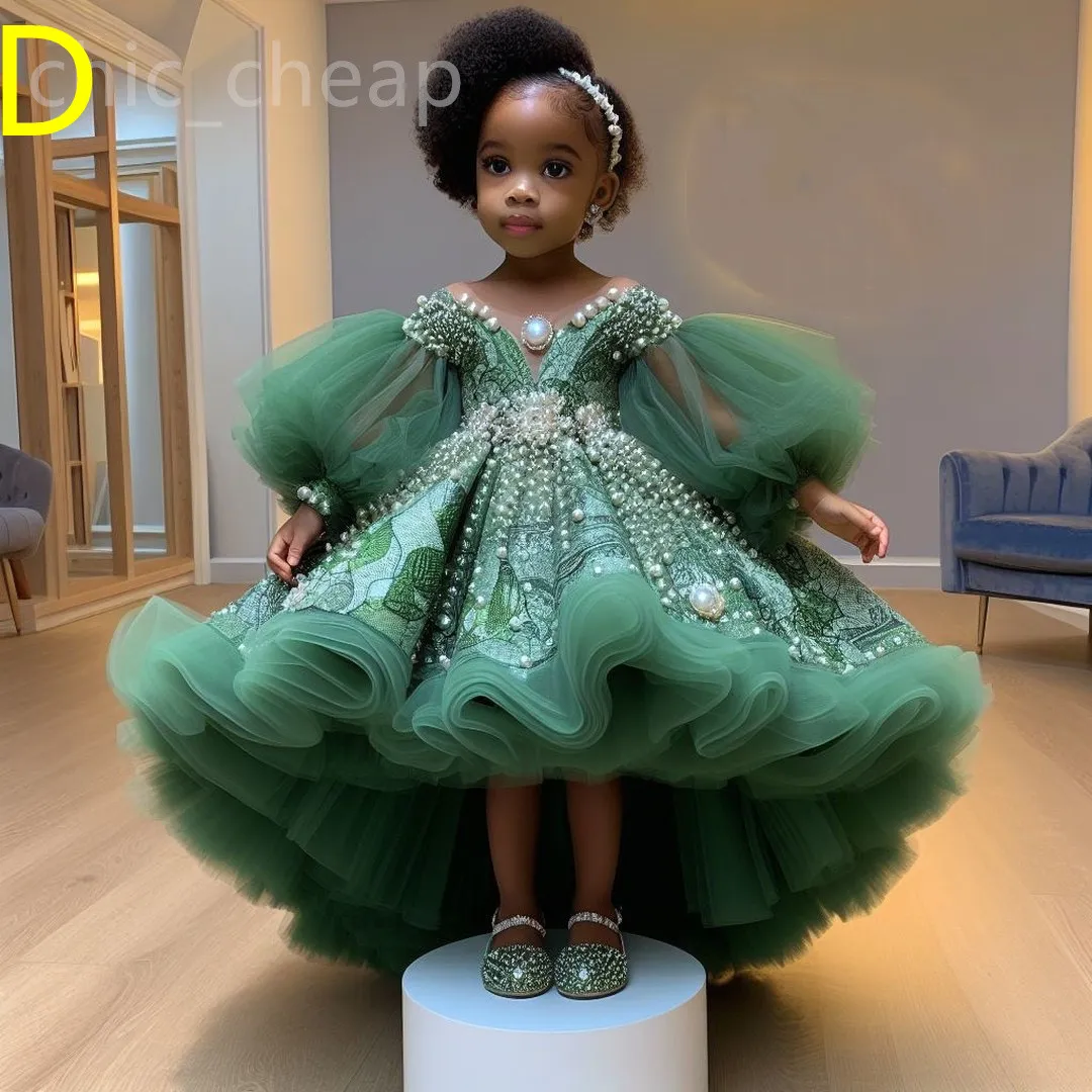 2024 Royal Green Printed Flower Girl Dresses Ball Gown Tulle Tiers Pearls Beaded Luxurious Little Girl Christmas Peageant Birthday Christening Tutu Dress Gowns ZJ4