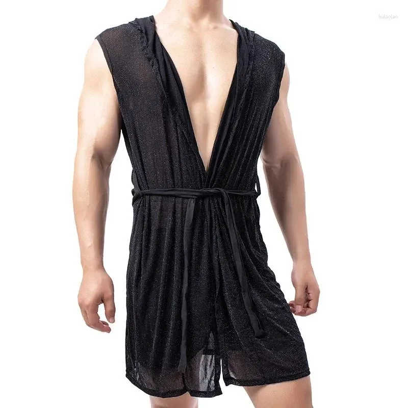 Vêtements de nuit pour hommes Peignoir Shorts) Sous-vêtements Hommes Translucide Respirant Chemise de nuit ample Homewear Robe en maille sans manches (pas sexy