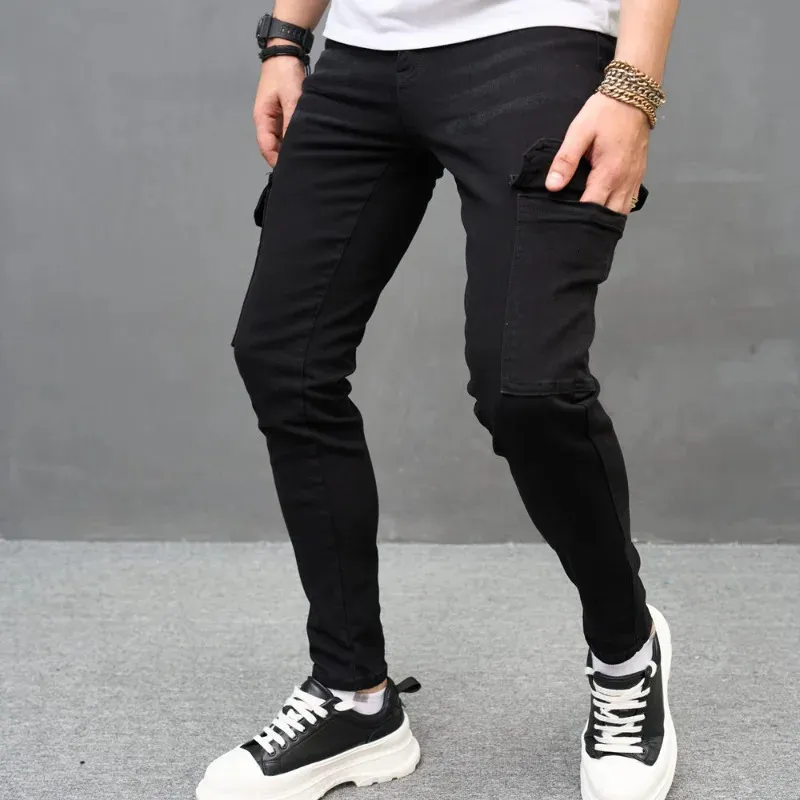 2024 New Black Ultra thin Mens Elastic Jeans Cargo Pants Fashion Hip Hop Street Clothing Mens Work Clothes Pocket Denim Trousers 240206