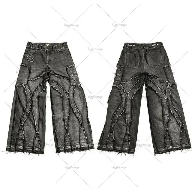 Abbigliamento hip-hop Rock Street Pantaloni a gamba larga dritti larghi a righe con bordo grezzo Uomo Y2K Jeans oversize americani retrò Harajuku Uomo 240126