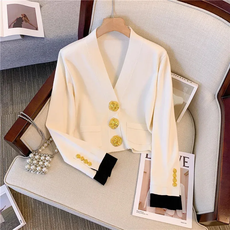 Vintage elegante com decote em v cardigan camisola para mulheres botões de ouro manga longa malhas topos outono moda chique senhoras jumpers 240123