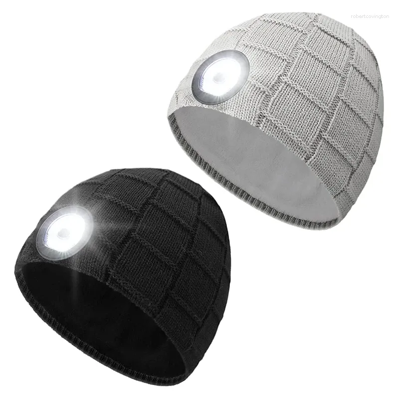 Cappellini da ciclismo Berretto da 2 pezzi con luce LED USB ricaricabile Lampada frontale unisex Cappello invernale lavorato a maglia per l'escursionismo