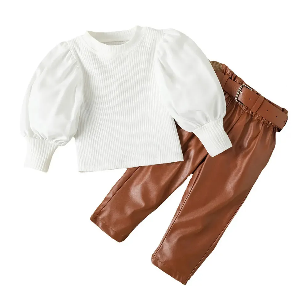 Småbarn Girl Clothes Puff Sleeve Tops Leather Pants 2st Fall Outfits for Girls Fashion Clothing Set 240202