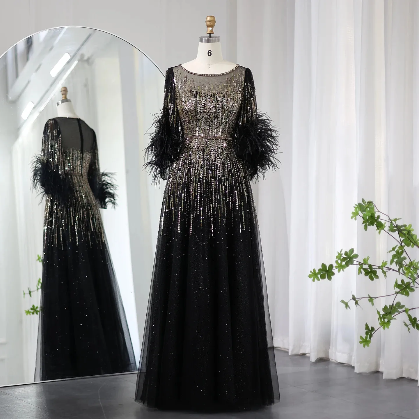 Sharon Said Plumes de luxe noir Dubaï robes de soirée pour les femmes élégant Fuchsia arabe demi manches robe de soirée de mariage SS339 240201
