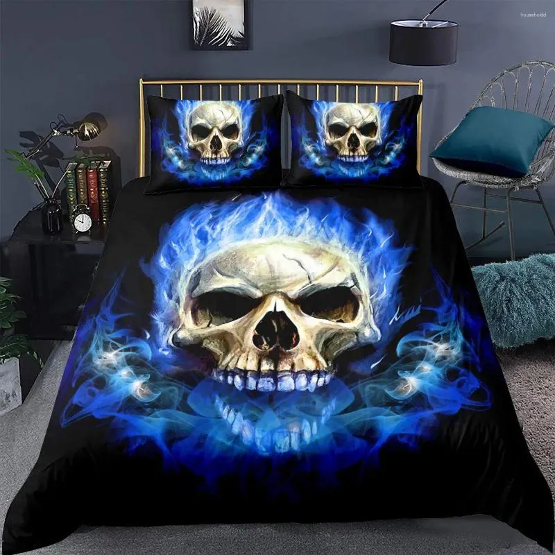 Set di biancheria da letto Set copripiumino con teschio di fiamma blu nero Set completo di ossa di scheletro 3D trapunta gotica trapunta horror