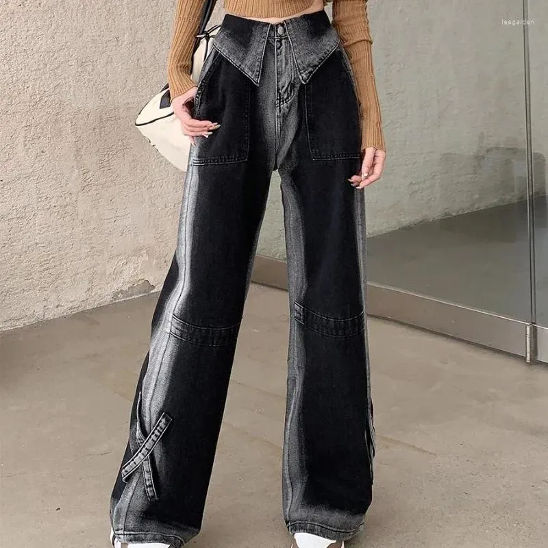 Jeans taille haute pour femmes, pantalon gris, jambe droite avec poches larges, Grunge Y2k, vente en gros, Denim Cowboy des années 90