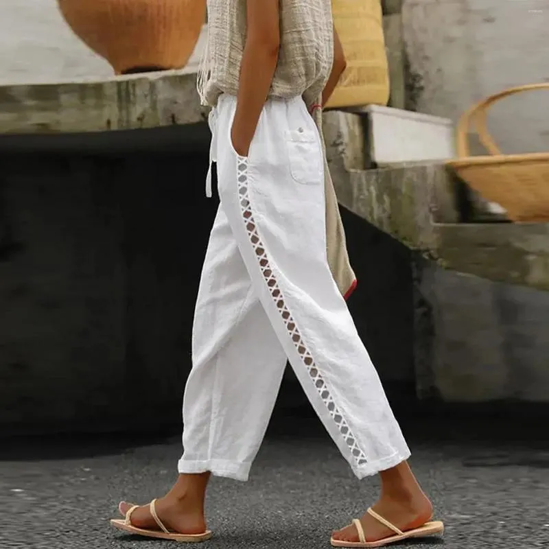 Calças femininas moda feminina casual algodão linho cintura alta vintage cordão lado oco renda larga perna calças com bolsos