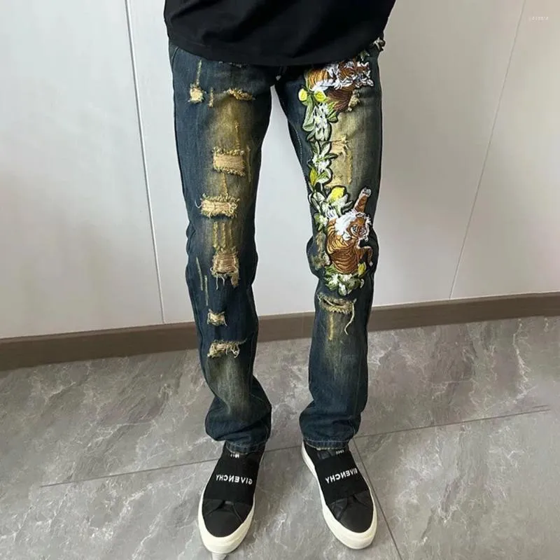 Jeans voor heren 2024 High Street Hip-Hop Bloemen Tijger Personaliseer Borduren Rippe Broek Slanke Lente Herfst Onhandelbare Knappe Stijl Broek