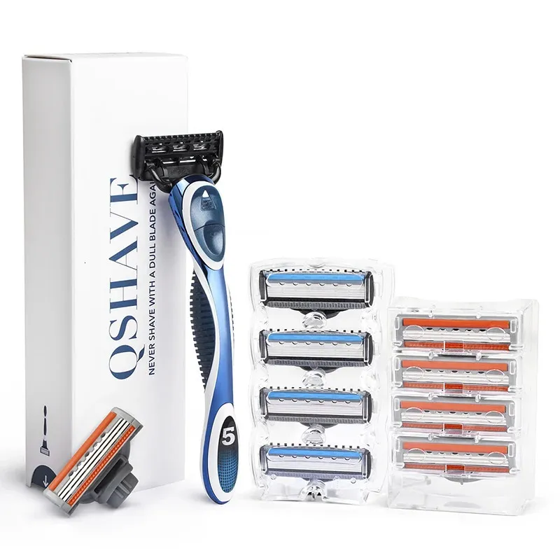 QShave Blue Men Shave Razor 10 Cartridges 1 Handle 5pcs X3 Blade 5pcs X5 Blade 1pc Handle 240127