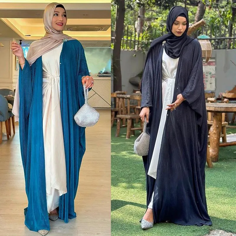 Ethnic Clothing Pleated Chiffon Dresss For Women Malaysian Turkish Robe Abaya Long Sleeve Cardigan Muslim Dress Solid Modest Outer Cover