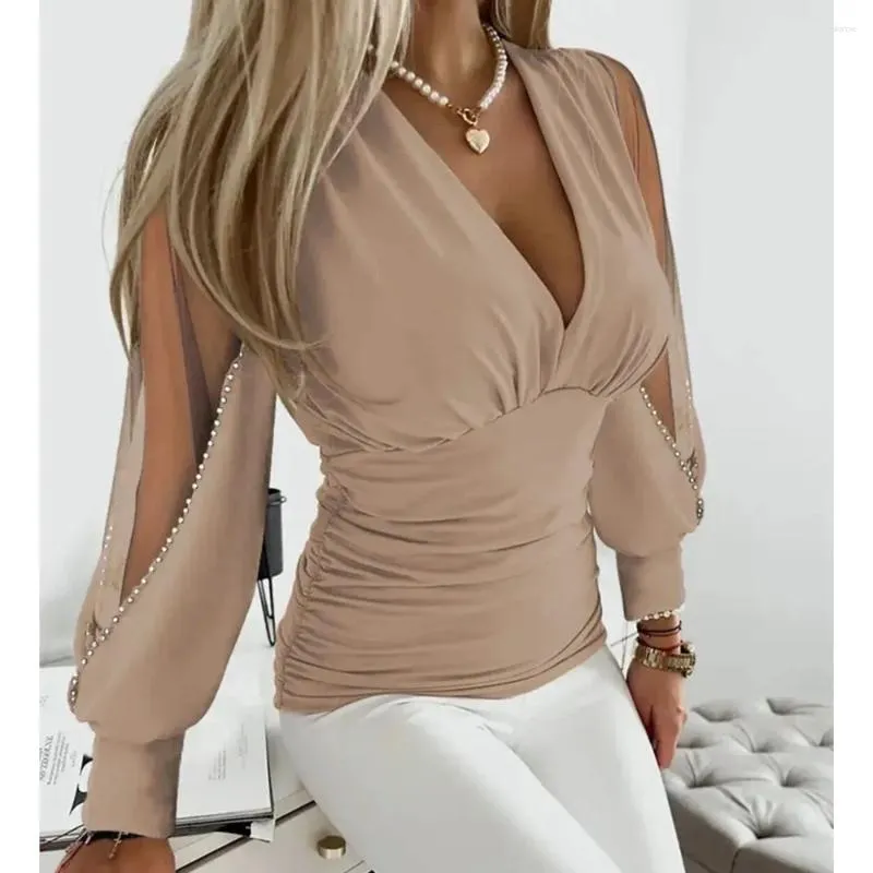 Kadın bluzları Sonbahar uzun kollu moda düz renkli gömlek seksi örgü eklenmiş fener ince fit v yaka bluz üst femme blusas