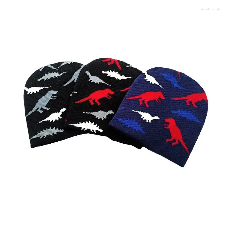 Berets 2024 Autumn Winter Cotton Cartoon Dinosaur Print Thicken Knitted Hat Warm Skullies Cap Beanie For Kids Boy And Girl 82