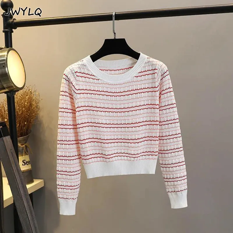 Women Stripes Knit Jumper Women Casual Sweater Spring Summer Soft Stretch Ol Tops Knit Pullovers Knitwear Large Size S-2xl 240202