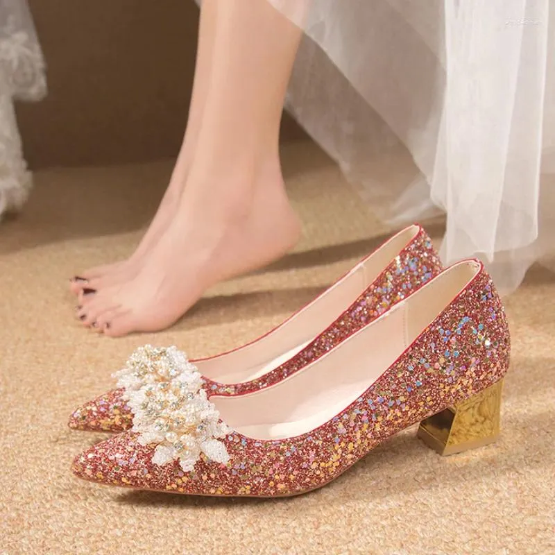 Scarpe eleganti Deluxe Fibbia perla Tacchi alti Donna Glitter Spessa Festa Tacco comodo da sposa