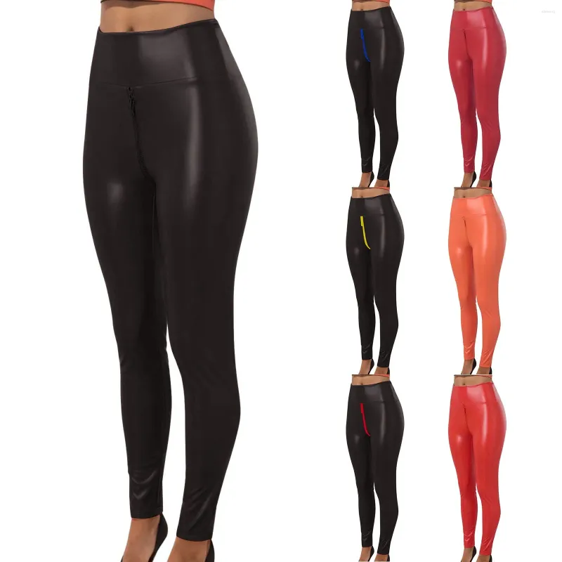 Pantalon de yoga en cuir pour femmes, couleur unie, fermeture éclair ouverte, sport, taille haute, Slim, ensemble de travail pour femmes