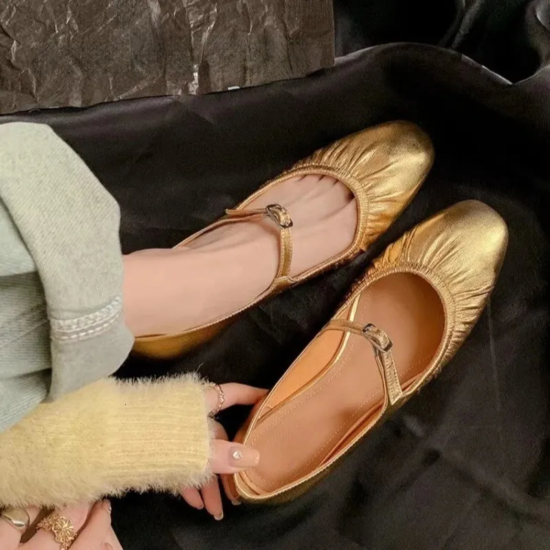 PLECTED Fashion Ballet Flats Women Leather Shoe Casual Buckle Strap Silver Gold Square Toe Spring Womens Shoes 240126