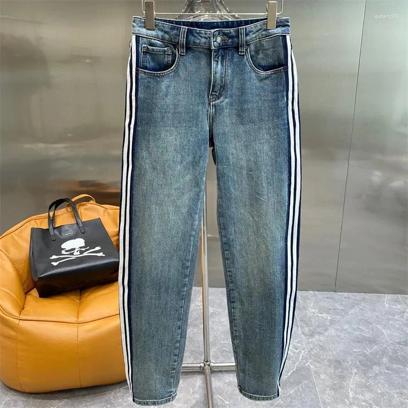 Män jeans mode män våren hösten casual lös stretch denim byxor randiga raka vintage blå byxor