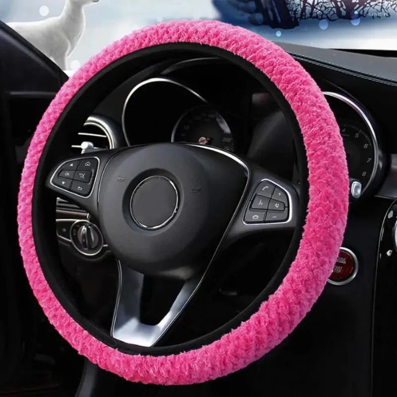 Couvre-volants universels 37-39cm, couverture rose, accessoires de voiture, pièces intérieures, peluche chaude pour l'hiver, antidérapant