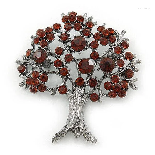 Brooches Dark Amber Coloured Crystal 'Tree Of Life' Brooch In Gun Metal Finish - 52mm