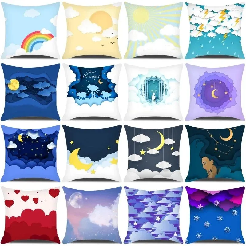 Pillow Beautiful Night Sky Printed Pillowcase Square Case Cartoon Moon Stars Kid's Gifts Room Decor Cover