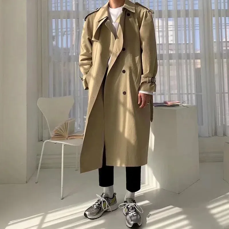 Khaki Black Trench Coat Men Fashion Fashion Autumnideishized Long Korean Loose WindbreakerジャケットメンズオーバーコートM-2xl 240122