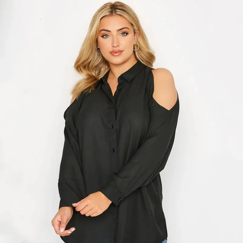 Camicia da donna elegante primavera autunno manica lunga taglie forti Camicetta da lavoro con bottoni a spalla fredda sul davanti Camicetta da ufficio di grandi dimensioni 240202