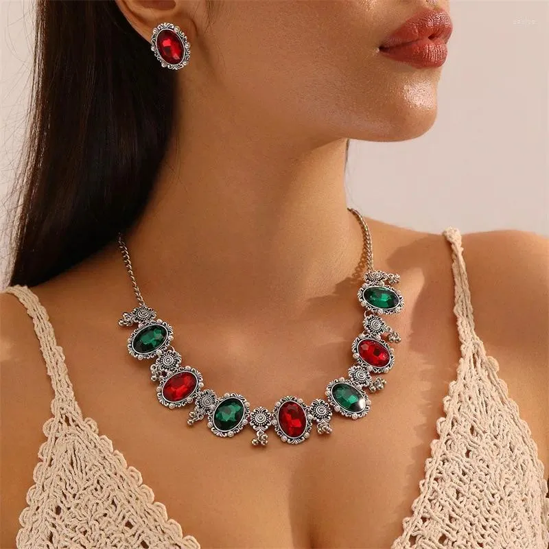 Necklace Earrings Set Retro Women's Costume Jewelry Luxury Blue Green Zircon Wedding Bands Earring Sets Joyeria Para Mujer