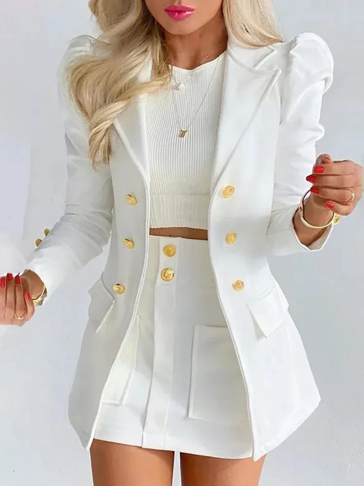 Lente lange mouw effen kleur jas met minirok tweedelig pak tailleur femme blazer en set jurk 240202