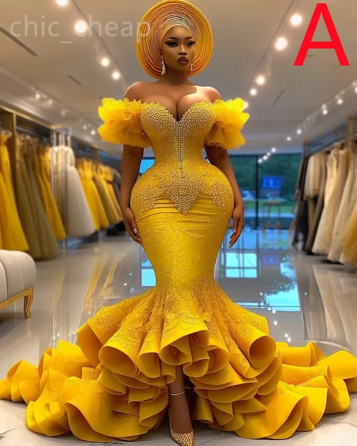 2024 Aso Ebi Giallo Sirena Abito da ballo in pizzo Strati in rilievo Sera sexy Festa formale Secondo ricevimento Compleanno Abiti di fidanzamento Abiti Robe De Soiree ZJ102