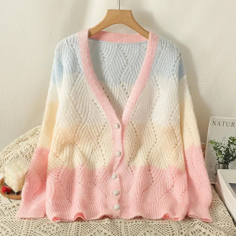 Color-blocked Striped Knit Cardigan Sweater Women Long Sleeve V-neck Knitwear Autumn Winter Vintage Stylish Elegant Jumpers 240202