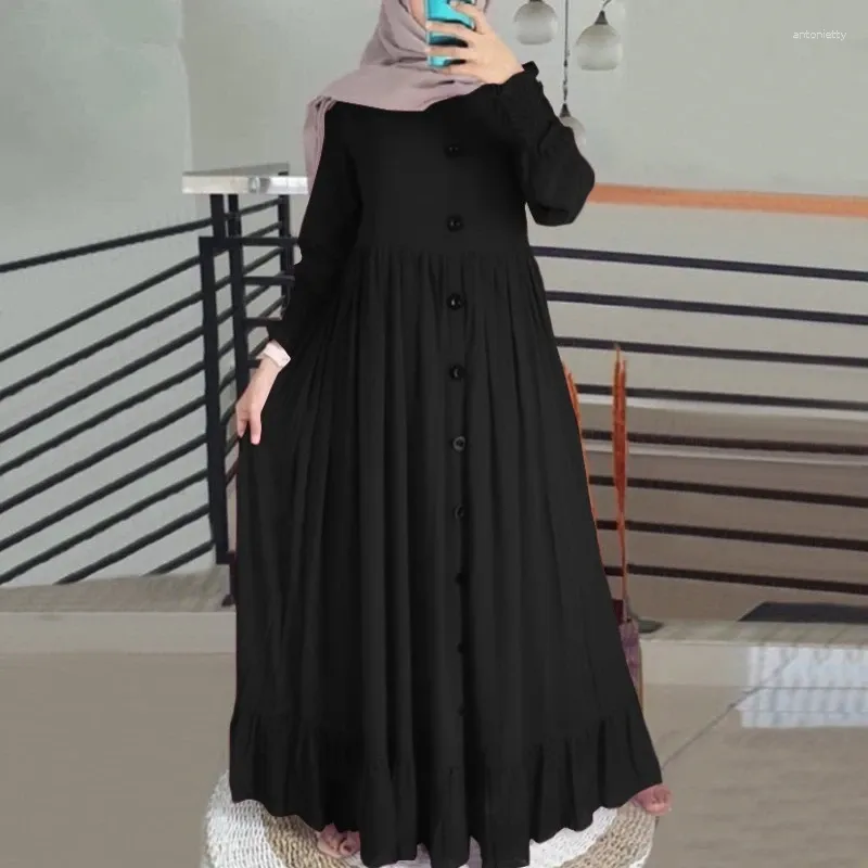 Etniska kläder 2024 Islam Abaya Dress Cotton and Art Retro Casual Robe Femme Muselmane Loose Round Neck Ruffled Women's