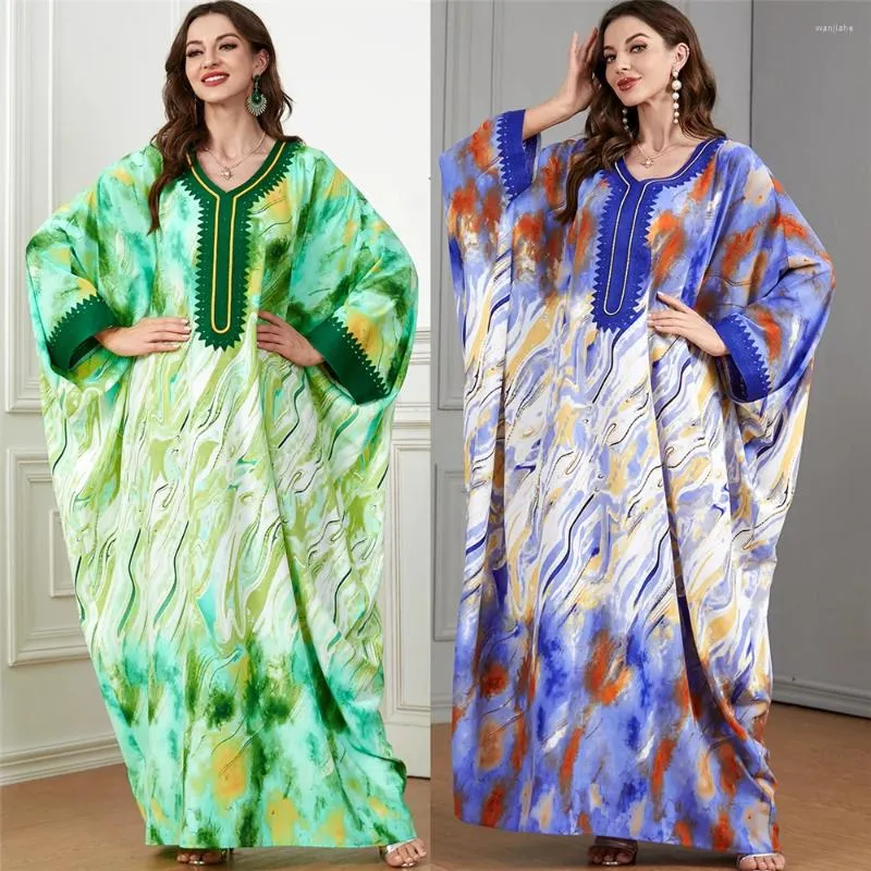 Etniska kläder Abaya för kvinnor Muslimskt bat ärm Loose Maxi Dress Elegant Printed Kaftan Dubai Islam Arab Kimono Turkiet Jalabiya Caftan