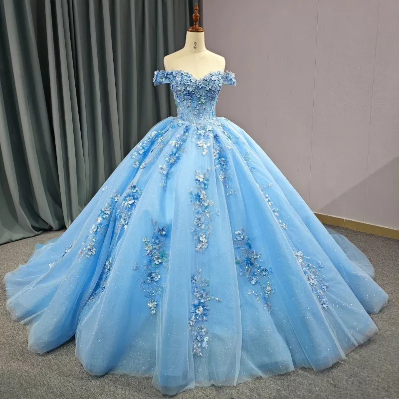 Luxe Hemelsblauw Uit De Schouder Quinceanera Jurken Kralen Applicaties Handgemaakte Bloemen Kralen Prinses Baljurken Sweet 15 Feestkleding