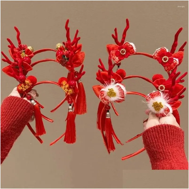 Hair Accessories Dragon Horn 2024 Happy Year Headband Tassel Hairpin Red Bow Chinese Style Hairband Drop Delivery Baby Kids Maternity Otahm