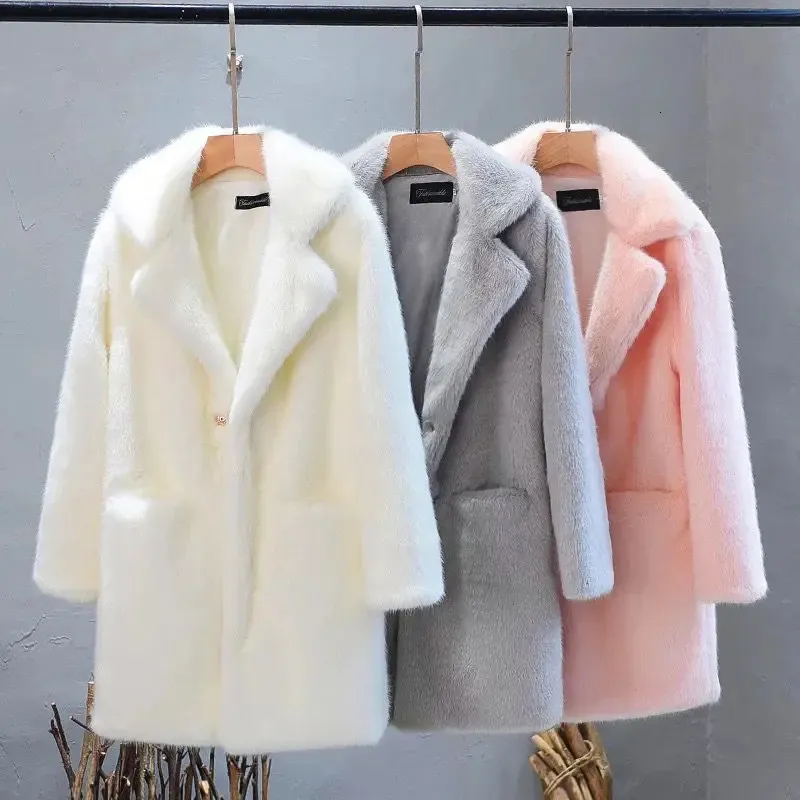 Women Mink Faux Fur Coat Solid Female Turn Down Collar Winter Warm Fake Fur Lady Coat Casual Jacket 240124