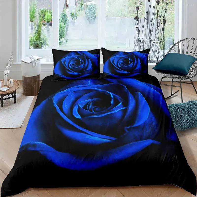 Conjuntos de ropa de cama Juego de funda nórdica de rosa azul Tamaño king 3D Impreso Flor Flores Día de San Valentín Edredón de poliéster botánico