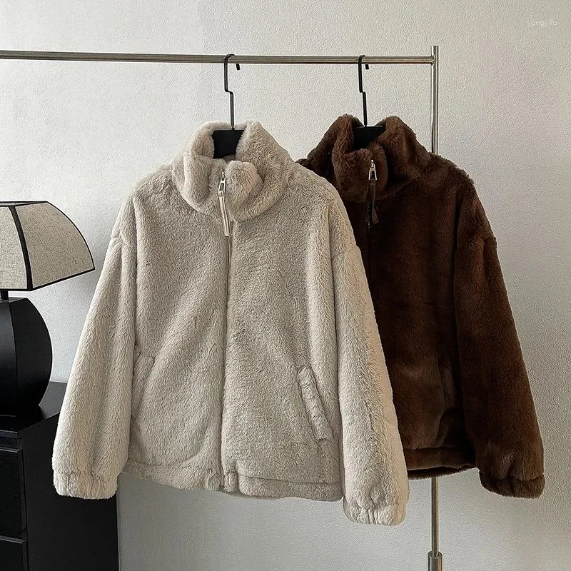 Женские тренчи, модное теплое пальто из овечьей шерсти с воротником-стойкой, 2024, зимний топ на молнии с хлопковой подкладкой, корейская повседневная свободная верхняя одежда