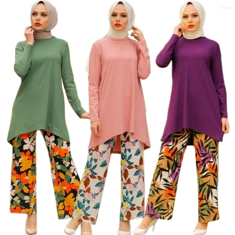 Ethnic Clothing Arabic Islamic Muslim Women 2 Pieces Set Middle East Dubai Kaftan Turkish Outfits 4 Colors Casual Long Sleeve Tops Pants