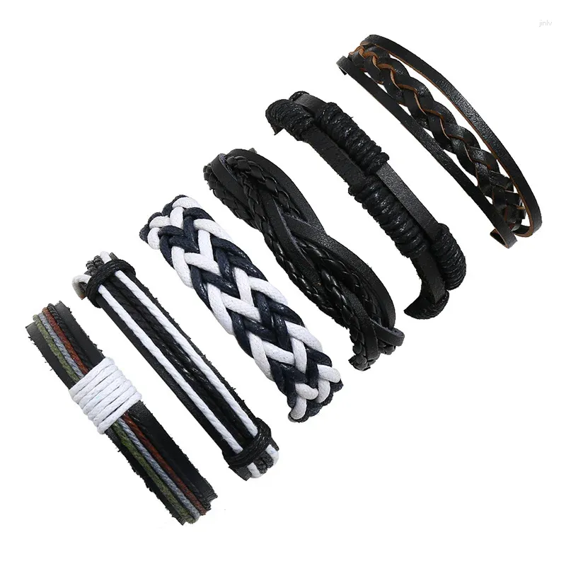 Bangle 6pcs/Set Series Boho Gypsy Hippie Punk Beige Cord Wrap Black Justerbara läderarmband Lager Stack Armband Set for Man