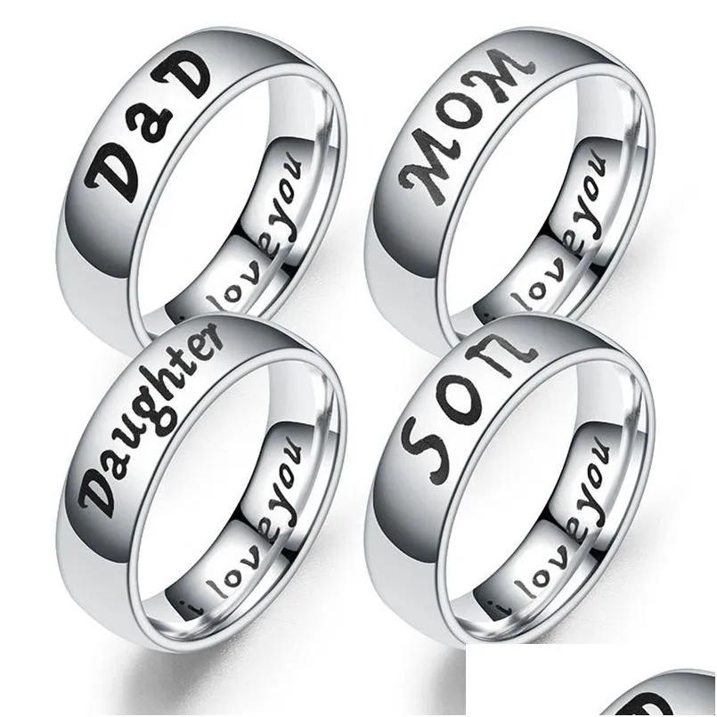 Anillos de banda Anillo de miembro de la familia de acero inoxidable Letra Mamá Hijo Hija Regalo para mujeres Hombres Hip Hop Joyería Drop Ship Entrega Dhuay